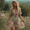 Bohemian Retro Countryside Style Plant Flower Design Cotton And Linen Woman's Dress elevenforest