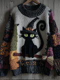 Halloween Witch Cat Multi-colored Atmosphere Vintage Warm Sweater elevenforest