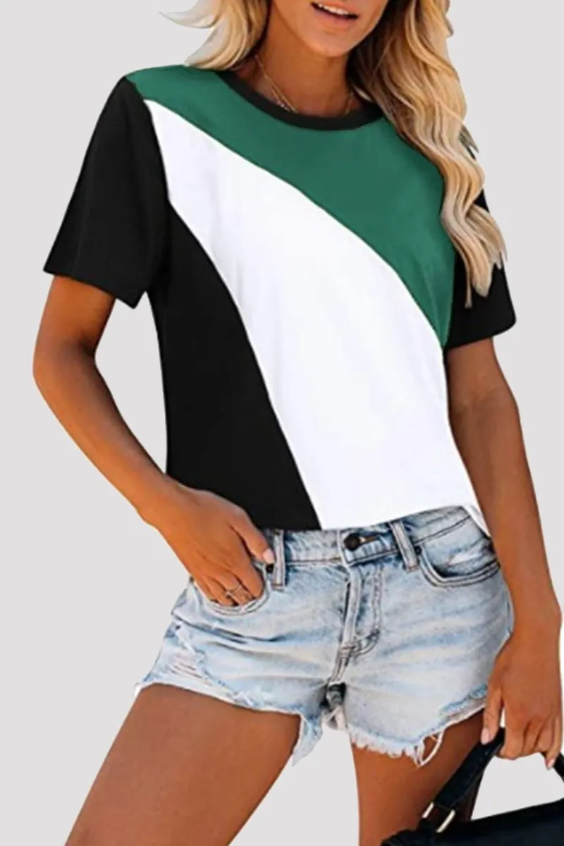 Patchwork Leopard Contrast O Neck T-shirts(4 Colors)