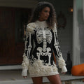 Comstylish Women's Halloween Skeleton Bones Leather With Rose Cozy Knit Mini Sweater Dress