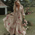 Women's Vintage Rose Floral Embroidery Art Casual V Neck Maxi Dress elevenforest