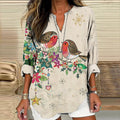 Women's Vintage Bird And Floral Pattern Casual V Neck Shirt elevenforest