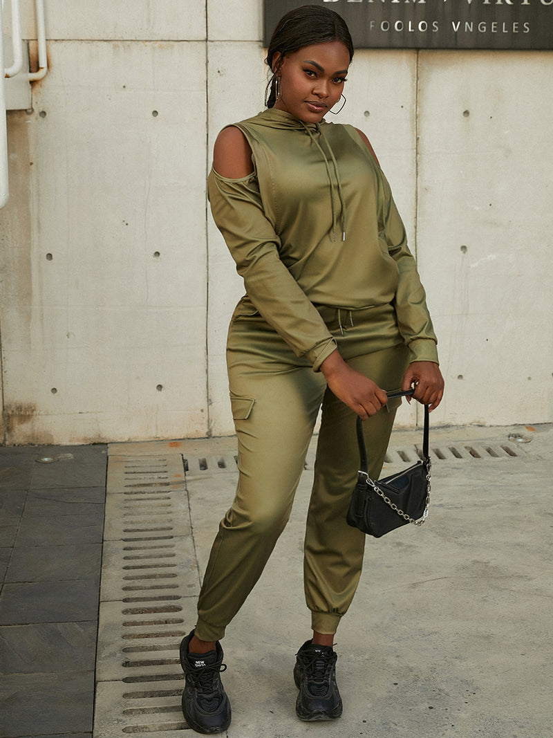 Hooded Collar Cut Out Side Pocket Tracksuit Set Autumn Winter Round Neck Long Sleeve Two Pieces Pants Sets for