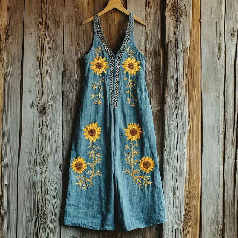 Women's Sunflower Embroidered Linen Blend Jumpsuit elevenforest