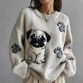 Comstylish Lovely Cute Pug And Paws Embroidery Art Loose Cozy Knit Sweater