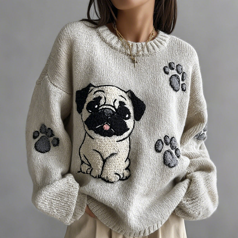 Comstylish Lovely Cute Pug And Paws Embroidery Art Loose Cozy Knit Sweater