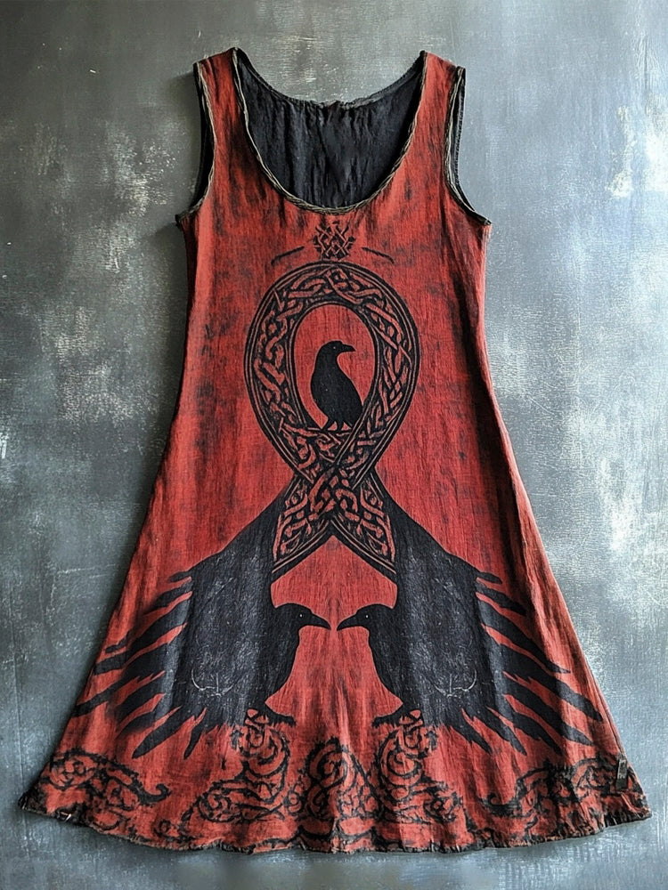 Raven & Celtic Knot Pattern Norse Mythology Art Vintage Linen Vest Dress elevenforest