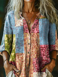 Women's Vintage Ethnic Collage Art Pattern Print Casual Cotton Linen S