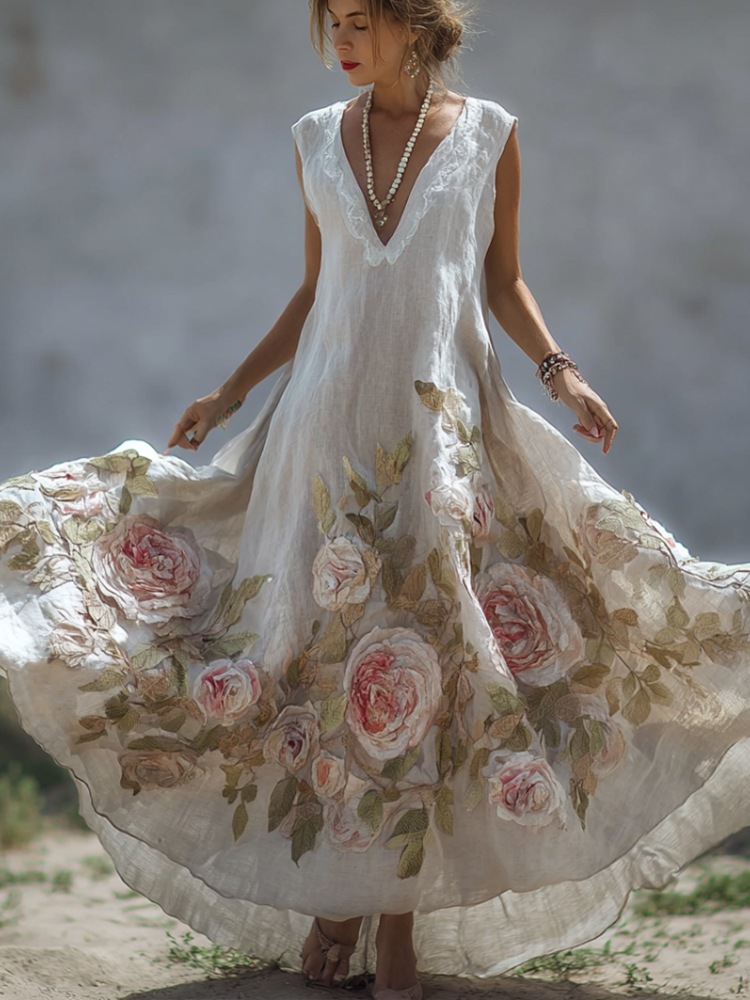 Women's 3d Flower Embroidery Thin Cotton And Linen Sleeveless Dress elevenforest