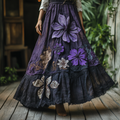 Women's Boho Lavender And Lace Patchwork Embroidered Art Linen Blend Skirt elevenforest