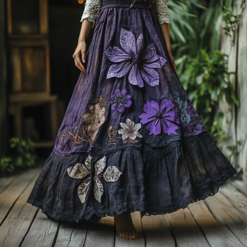 Women's Boho Lavender And Lace Patchwork Embroidered Art Linen Blend Skirt elevenforest