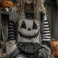 Halloween Face Patchwork Art Cozy Knit Sweater elevenforest
