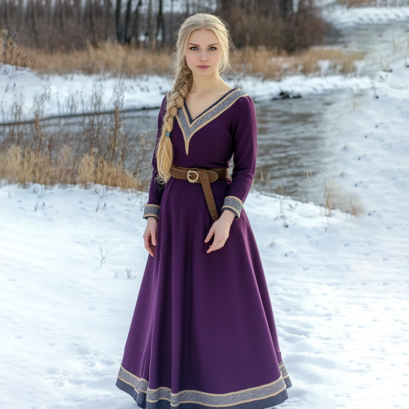 Vintage Viking Celtic Linen V-neck Midi Dress elevenforest