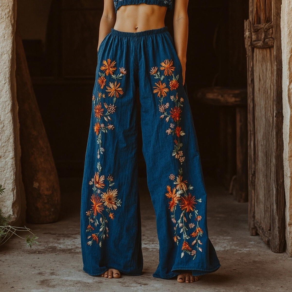 Women's Retro Linen Boho Floral Long Loose Wide-leg Trouser Pants elevenforest