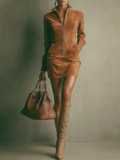 Comstylish Retro Suede French-style Zipper Long-sleeve Fitted Dress