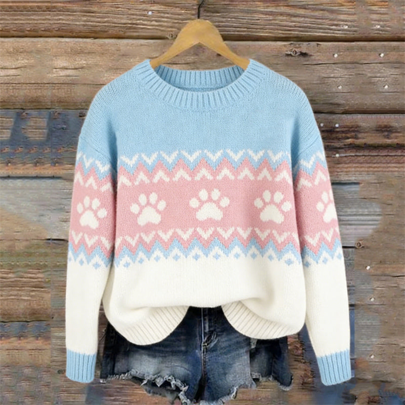 Comstylish Vintage Paw Prints Trans Flag Colorblock Isle Sweater