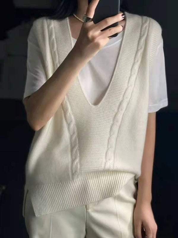 Loose Knitting Sleeveless Color V-neck Vest Top