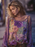 Vintage Purple Flowers Embroidered Patchwork Linen Tunic elevenforest