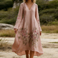 Women's Rose Printed Art V-neck Long Sleeve Maxi Dress elevenforest