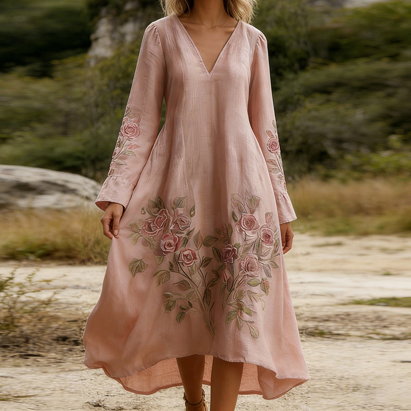 Women's Rose Printed Art V-neck Long Sleeve Maxi Dress elevenforest