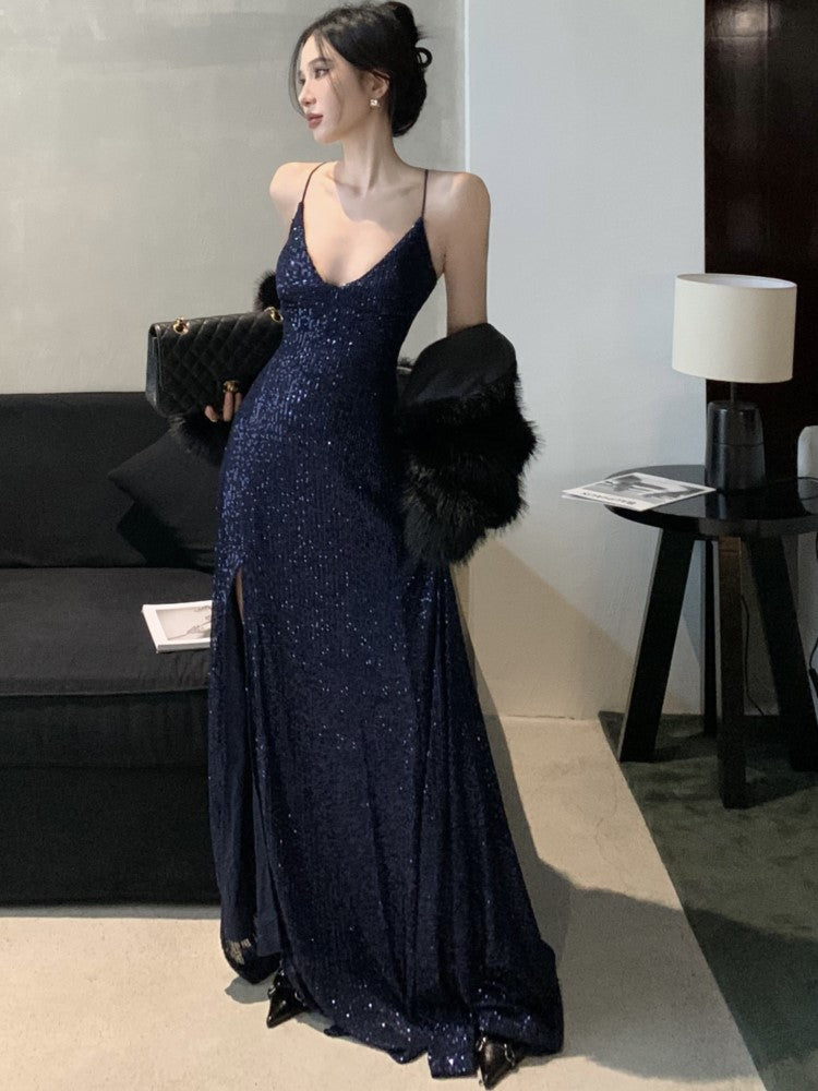Backless Evening Party Dresses for V-neck Split Slim Spring Summer Maxi Dress Prom Robe Birthday Vestidos New