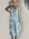 Cherry Blossom Japanese Print Sleeveless Linen Blend Midi Dress