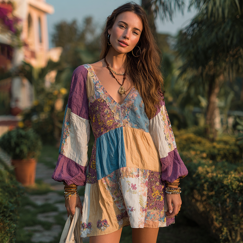 Women's Retro Ethnic Floral Long Sleeve Short Dress elevenforest