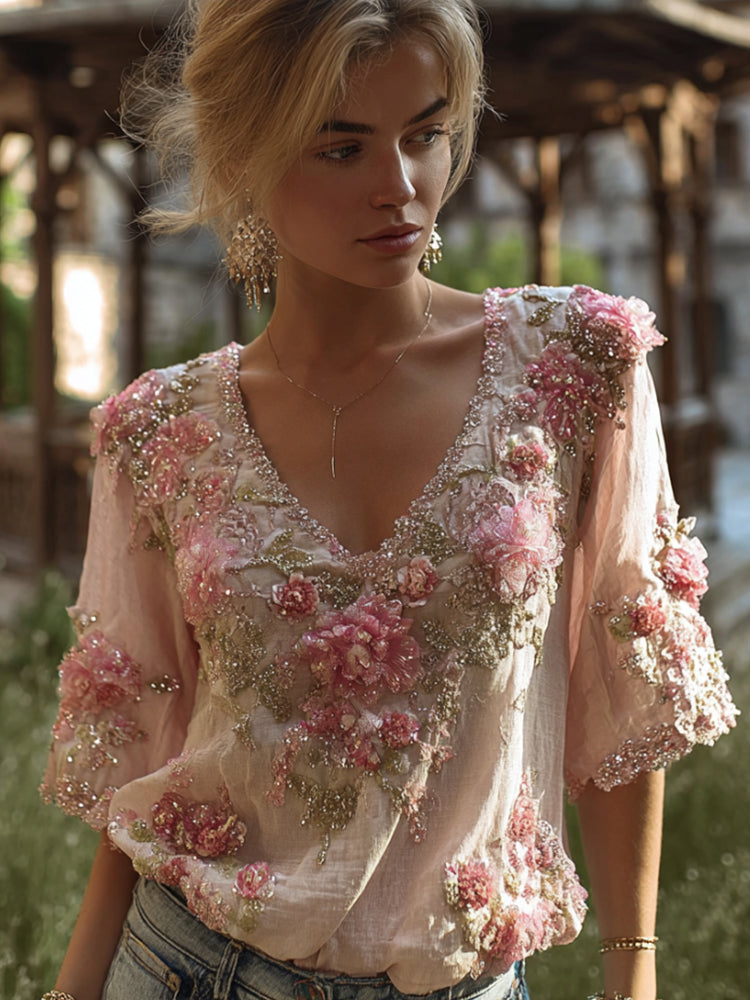 Vintage Bohemian Pink Floral Linen Casual V-neck Short Sleeve elevenforest