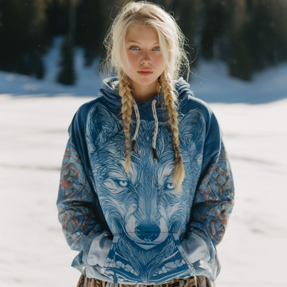 Comstylish Women's Viking Celtic Knot With Wolf Head Art Hooded Sweater