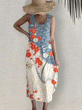 Japanese Art Flower Print Sleeveless Casual Midi Dress