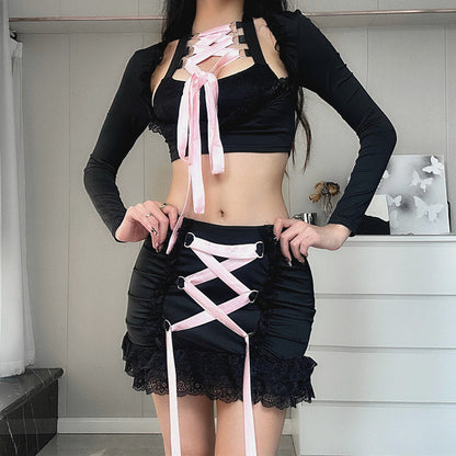 Taruxy Bandage Splice Lace Skirts Sets Hollow Out Long Sleeve Crop Tops Bodycon Dress 2 Piece Suits