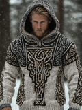 Men's Hooded Thick Sweater With Viking Style Tribal Totem And Wolf Totem Patterns elevenforest