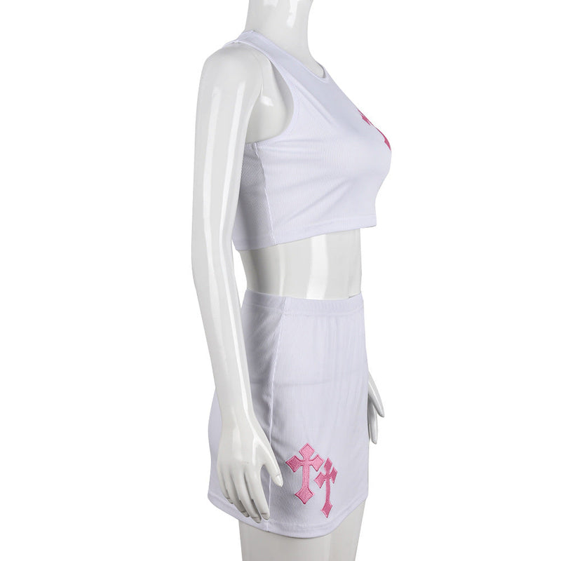Street Embroidery Cruciate Cropped Tank Top Skirt Set for