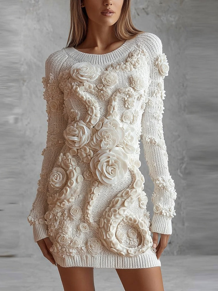 Comstylish Vintage White Roses Tentacles Cozy Knit Sweater Dress