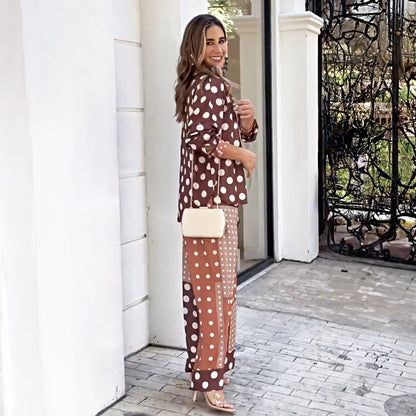 Autumn Winter Polka Dot Lace Wide Leg Pants Set for