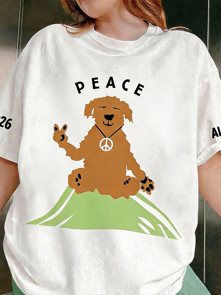 Comstylish Peace Dog Pattern Printed Retro Short-sleeve T-shirt