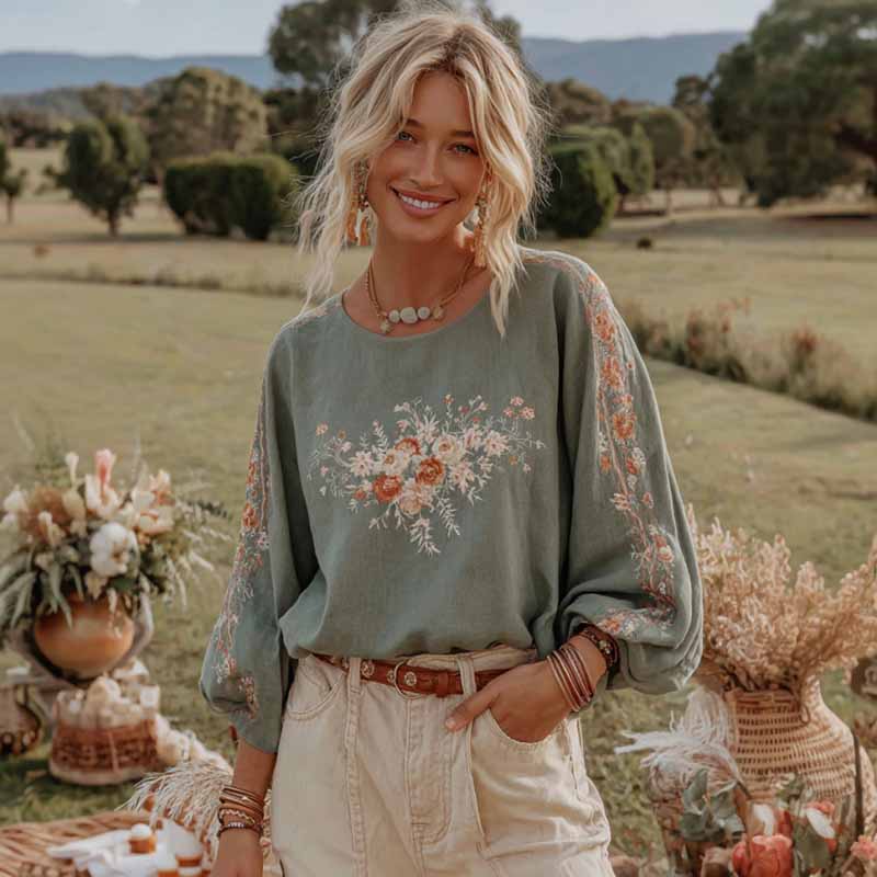 Women's Retro Bohemian Style Round Neck Comfortable Linen Top elevenforest