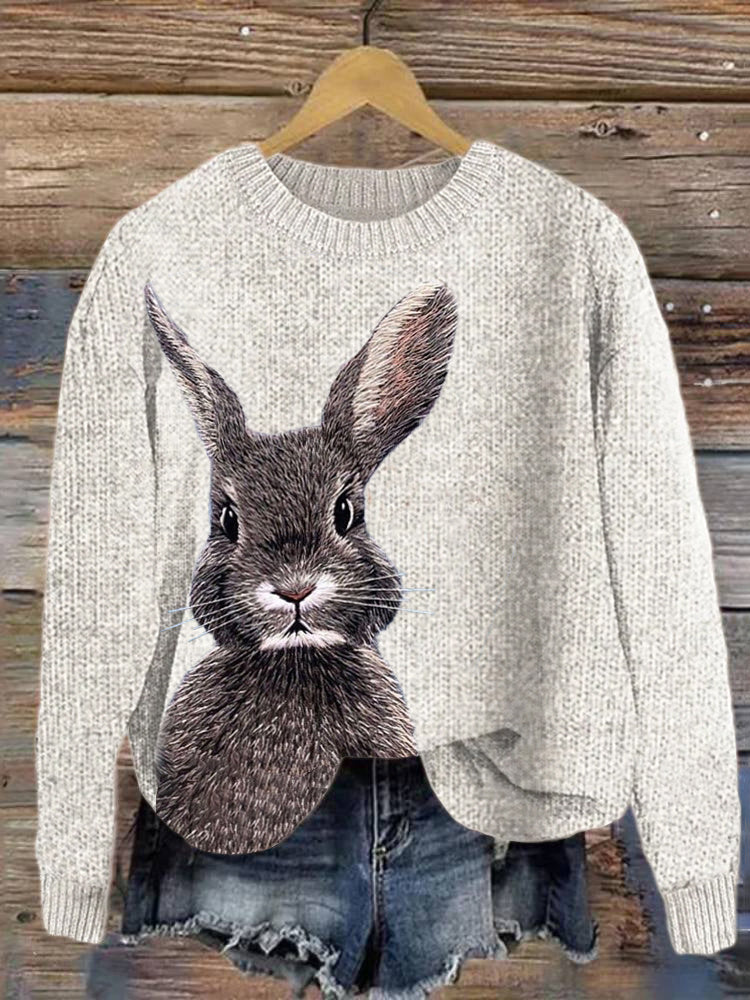Cute Bunny Embroidery Art Cozy Knit Sweater artswardrobe
