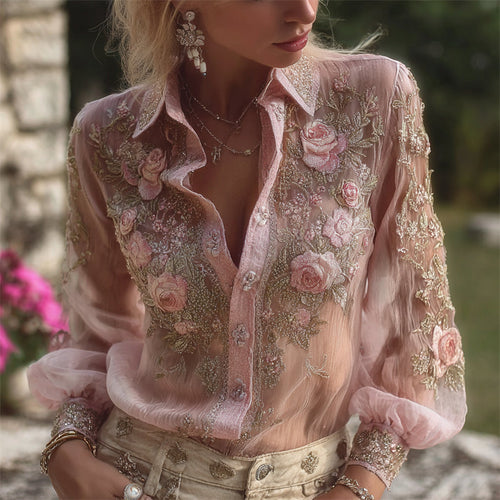 Vintage Pink Roses Lace Embroidered Flowy Linen Blouse elevenforest