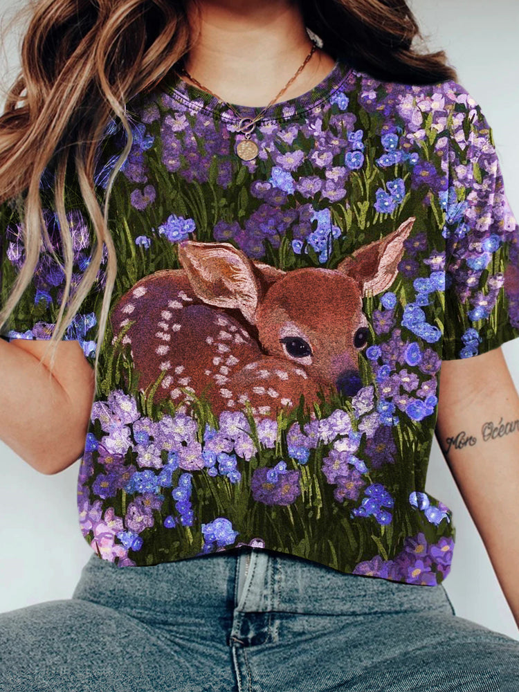 Comstylish Dreamy Baby Deer Floral Painting T Shirt