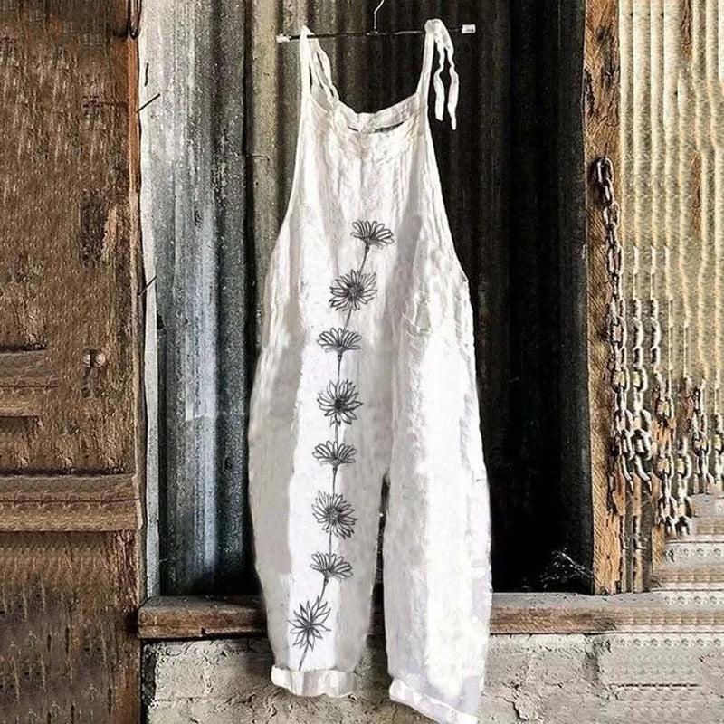 Women's Bohemian Style White Daisy Floral Linen Print Cotton Linen Jumpsuit elevenforest