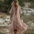 Boho Pink Roses Embroidered Flowy Linen Maxi Dress elevenforest