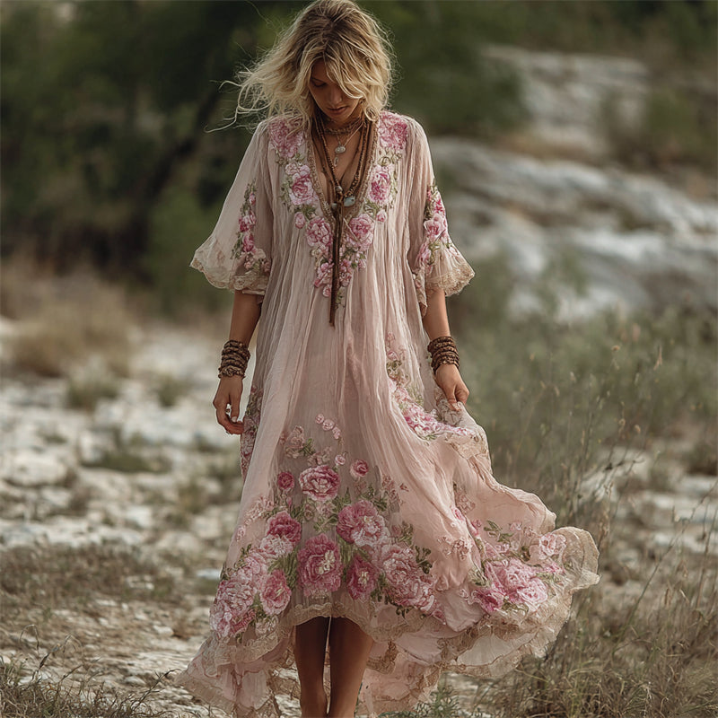 Boho Pink Roses Embroidered Flowy Linen Maxi Dress elevenforest