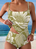 Women's Retro Floral Print Summer Beach Halter Top And Triangle Briefs Tankini Set
