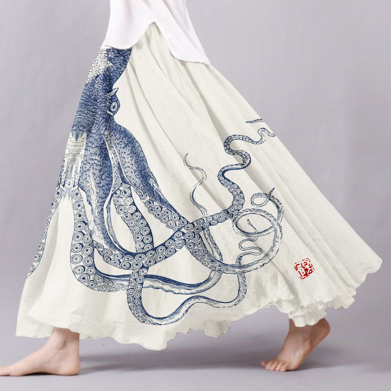 Comstylish Japanese Art Octopus Art Print Casual Linen Blend Flowy Skirt
