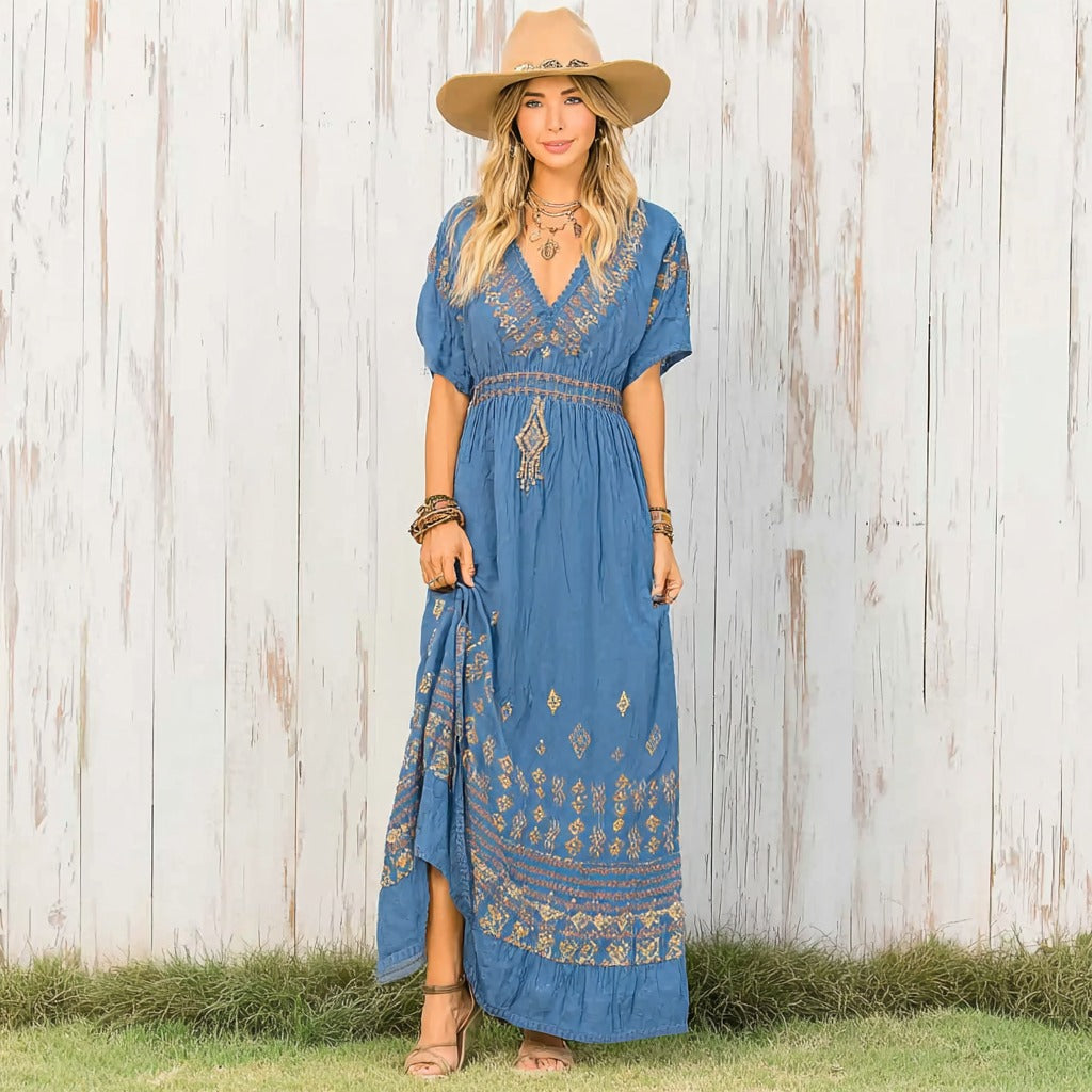 Women's Retro Western Geometric Totem Print Casual Short Sleeve Dress elevenforest
