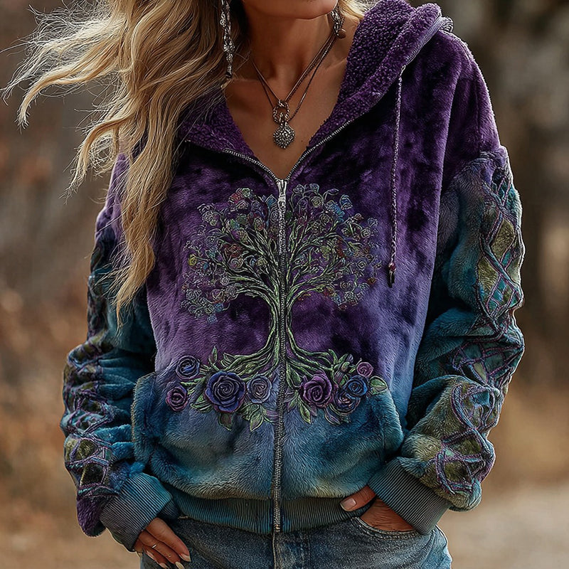 Women's Vintage Viking Tree Of Life And Floral Pattern Zippered Plush Hoodie elevenforest