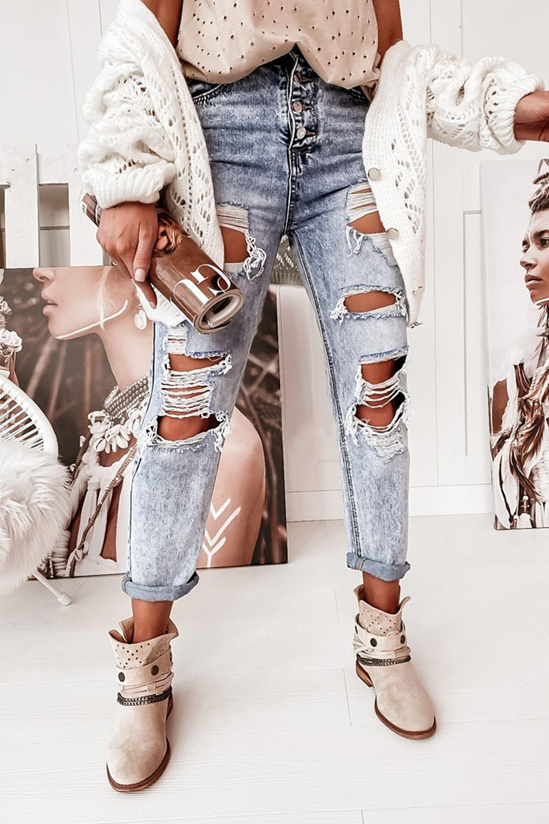 Street Ripped Hollowed Out Regular Jeans