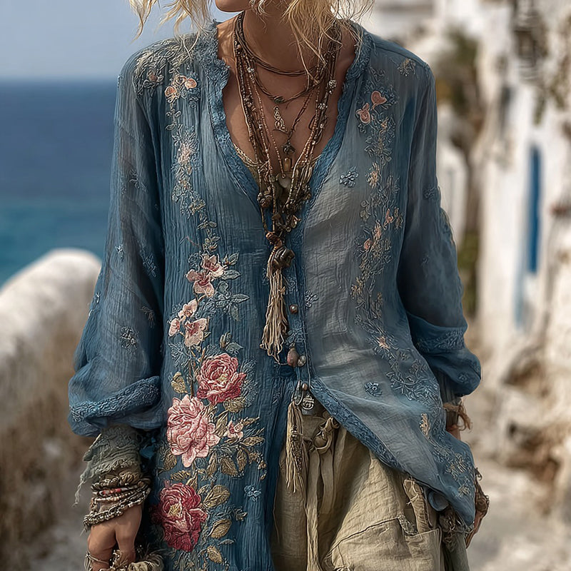 Women's Vintage Floral Embroidered Linen Shirt Cardigan elevenforest