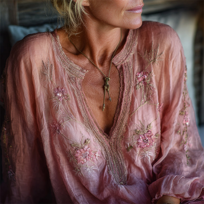 Vintage Pink Floral Glitter Embroidered Flowy Linen Tunic elevenforest